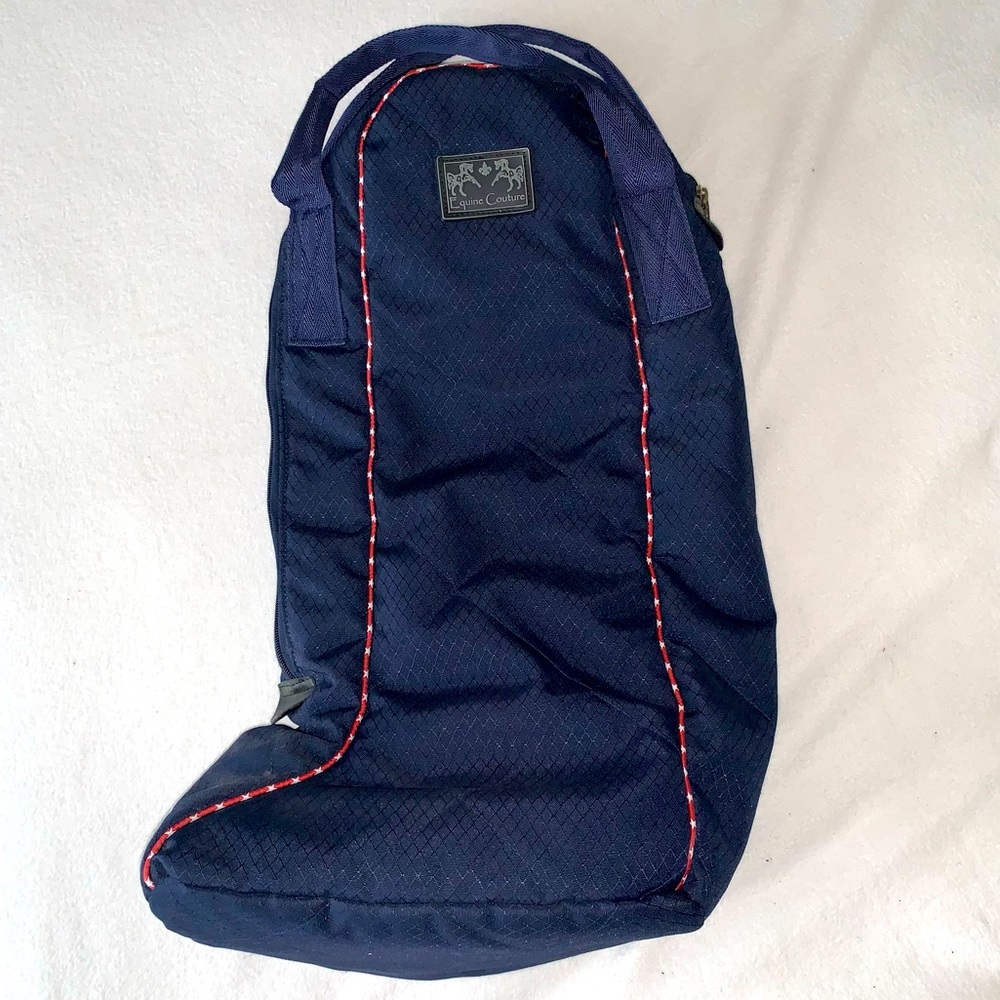 BOOT BAG, Navy red/wh piping, by EQUINE COUTURE, Zip over w/ 2 carry straps EUC